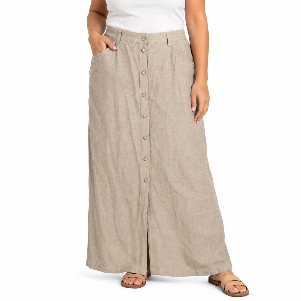 Eddie Bauer Vintage 100% Linen Maxi Button Up Skirt Pockets Long Modest sz 16